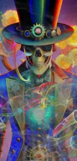 Colorful steampunk skull in vibrant Victorian attire with surreal elements.