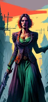 Steampunk warrior in a vibrant dystopian city.