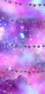 Vibrant galaxy wallpaper with stars on a pink and purple background.