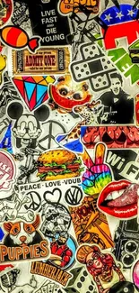 Vibrant collage of colorful stickers on mobile wallpaper.