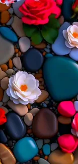 Colorful stones and vibrant flowers arranged artistically on mobile wallpaper.