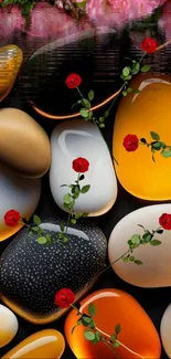 Gold and white stones with red roses on a reflective water surface.