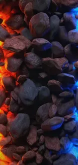 Glowing stones with vibrant red and blue highlights creating a dynamic wallpaper.