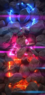 Mobile wallpaper with glowing stones in blue and orange light.