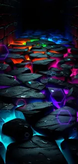 Neon illuminated stone path with vibrant colors in a dark alley setting.