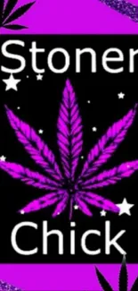 Purple cannabis leaf with stars on a bold magenta background.