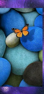 Vibrant wallpaper with stones and butterfly in blue hues.