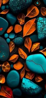 Vibrant teal stones and orange leaves on black background.