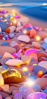 Colorful glowing stones on a fantasy beach scene.