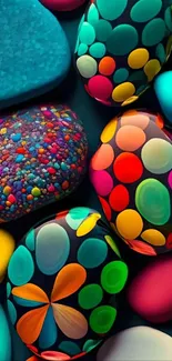 Vibrant stones with colorful abstract patterns on a teal background.
