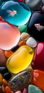 Vibrant stones with fish in colorful display.