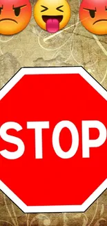 Stop sign with angry emojis on a textured background.