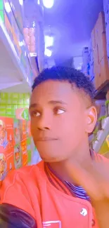 Vibrant store aisle with a young man wearing a red jacket, colorful products displayed.