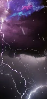 Vivid lightning storm with purple and blue sky, capturing nature's powerful energy.