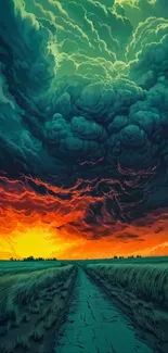 Intense storm clouds over a glowing sunset horizon.