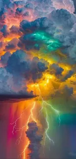 Colorful storm with lightning and vibrant clouds.