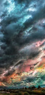 Vibrant stormy sky with colorful clouds.