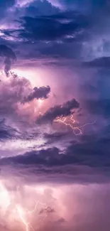 Purple stormy sky with lightning and clouds.