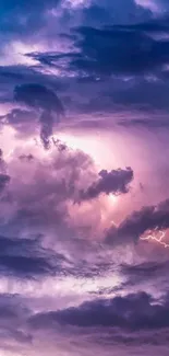 Vibrant stormy sky with purple and pink clouds illuminated by lightning.