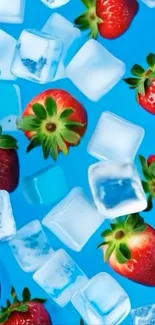 Floating strawberries and ice cubes on blue background.