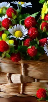 Vibrant strawberries and daisies in a woven basket wallpaper.