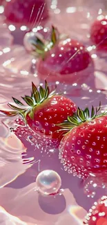 Fresh strawberries floating in pink water, vibrant and refreshing.