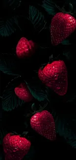 Mobile wallpaper featuring vibrant red strawberries on dark leaves.