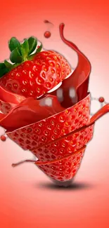 Sliced strawberry with abstract red art design on a vivid background.