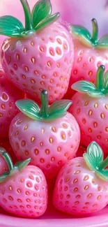 Vibrant pink strawberries with green leaves in a decorative arrangement.