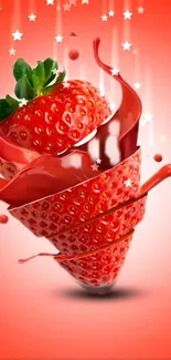 Spiral-cut strawberry with stars on red background.