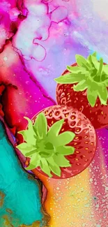 Vibrant strawberries on colorful abstract background wallpaper.