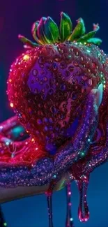 Hand holding a glittery strawberry with neon lights.