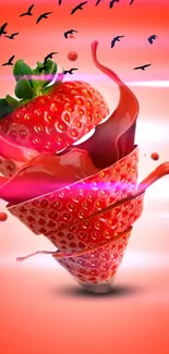 Dynamic strawberry with vibrant red splashes as mobile wallpaper.