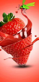 Striking red strawberry artwork with playful design.