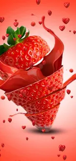 Red strawberry splash with heart accents on vibrant wallpaper.