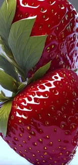 Vibrant strawberry artwork with lush leaves and vivid red hues.