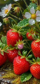 Lush strawberries surrounded by dewy white flowers in a vibrant garden setting.