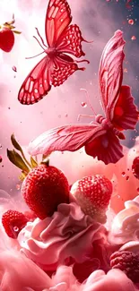 Vibrant wallpaper with strawberries and butterflies in pink hues.