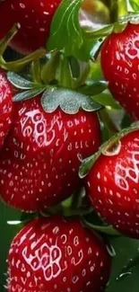 Close-up of vibrant red strawberries with green leaves and dewdrops.
