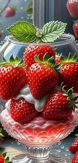 A glass filled with fresh strawberries and leaves.