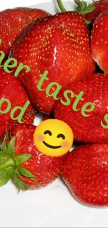 Vibrant red strawberries with smiling emoji.