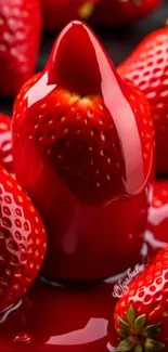 Glossy red strawberries on vibrant red background.