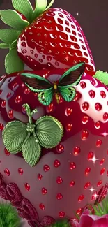 Vibrant strawberries with butterfly in fantasy art style on dark background.