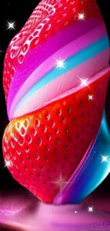 Vibrant colorful strawberry with abstract design.