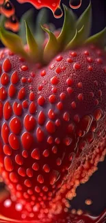 Heart-shaped strawberry with droplets in vibrant colors.