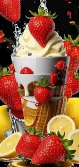 Vibrant wallpaper featuring strawberry ice cream and lemons.