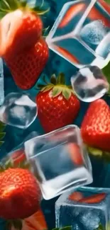 Vibrant strawberries with ice cubes on a blue background.