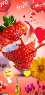 Sliced strawberry with love motifs and colorful flowers on a vibrant background.