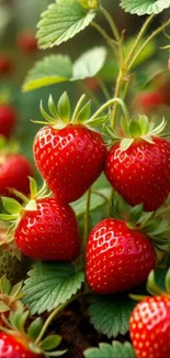 Lush strawberries on green leaves background