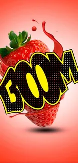 Strawberry with pop art 'Boom' on red background.